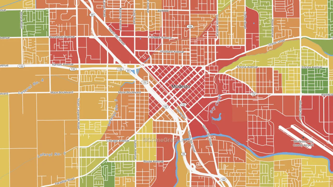 Downtown Modesto, Modesto, CA Map of Burglary Rates