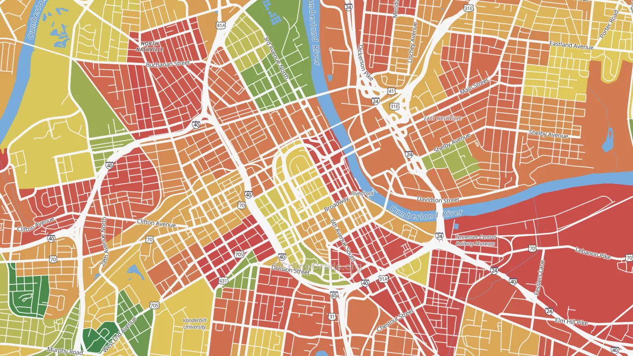 Downtown Nashville, Nashville, TN Map of Burglary Rates