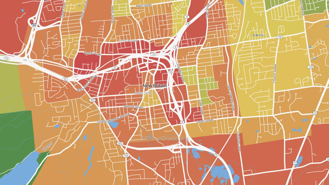 Downtown New Britain, New Britain, CT Map of Burglary Rates