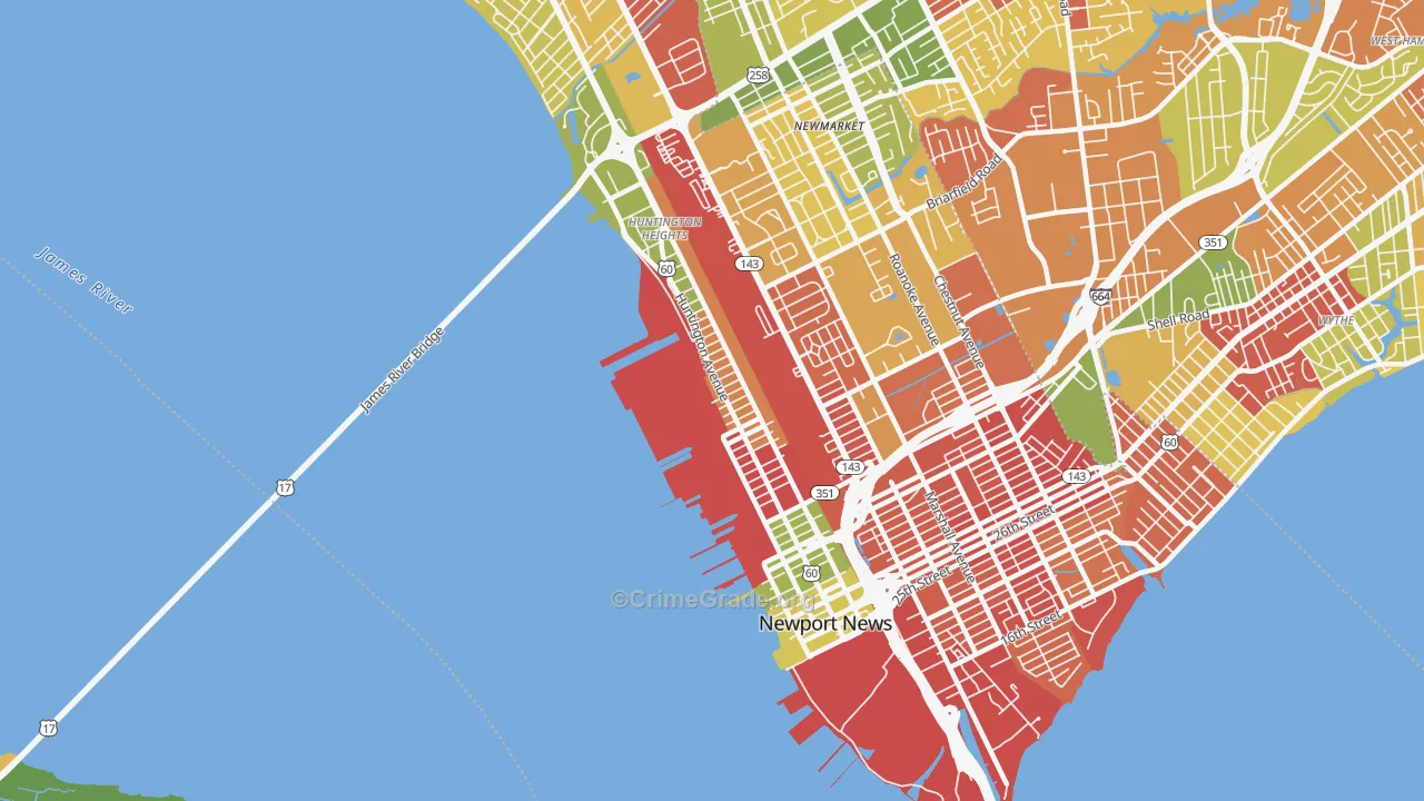 Downtown Newport News, Newport News, VA Map of Burglary Rates