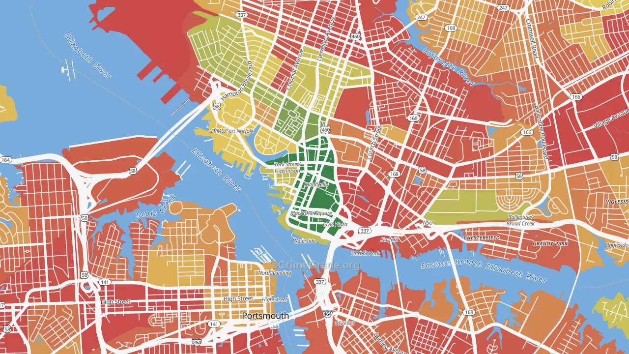 Downtown Norfolk, Norfolk, VA Map of Burglary Rates