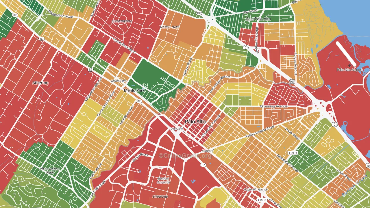 Downtown North San Jose, Palo Alto, CA Map of Burglary Rates