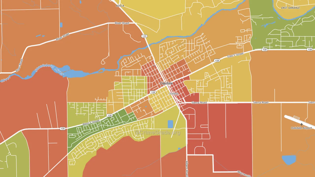 Downtown Oakdale, Oakdale, CA Map of Burglary Rates