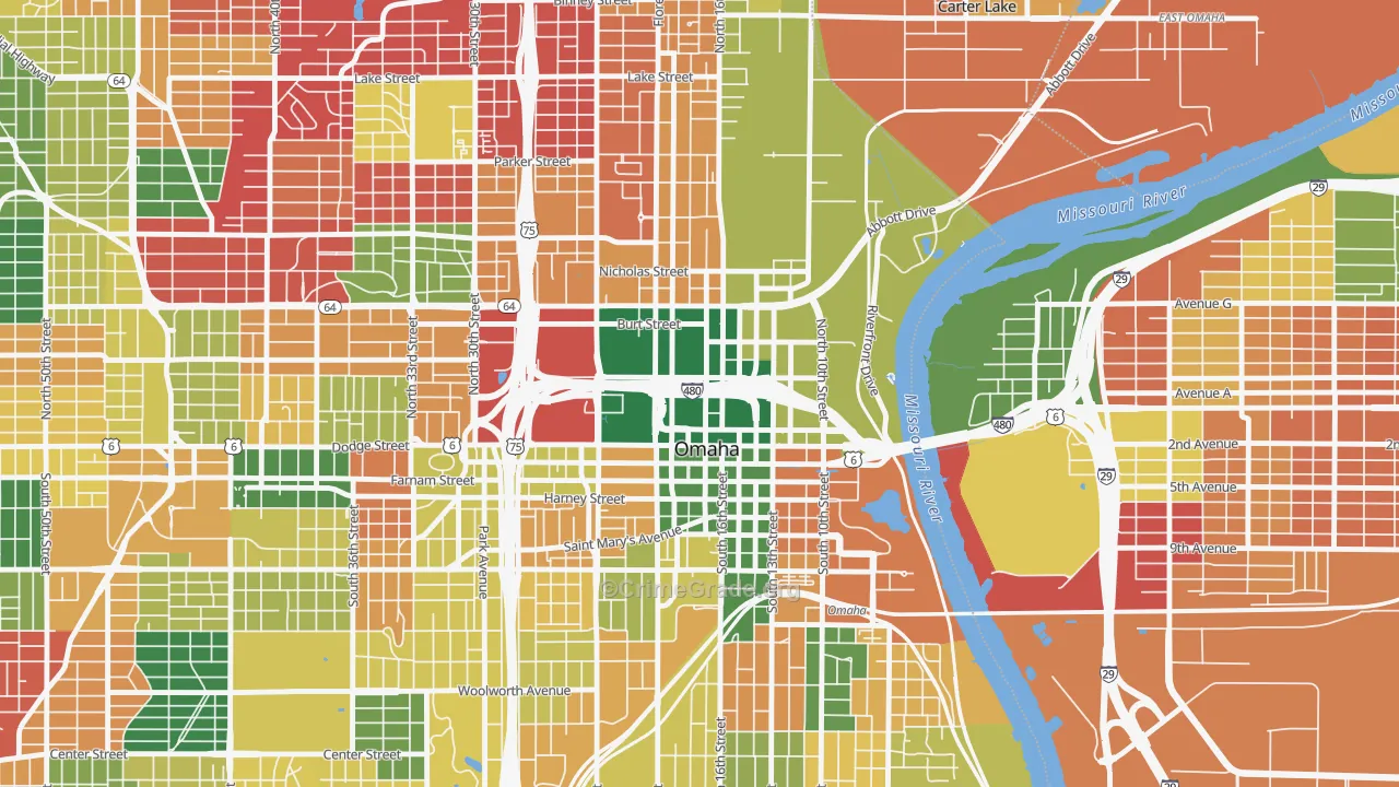 Downtown Omaha, Omaha, NE Map of Burglary Rates