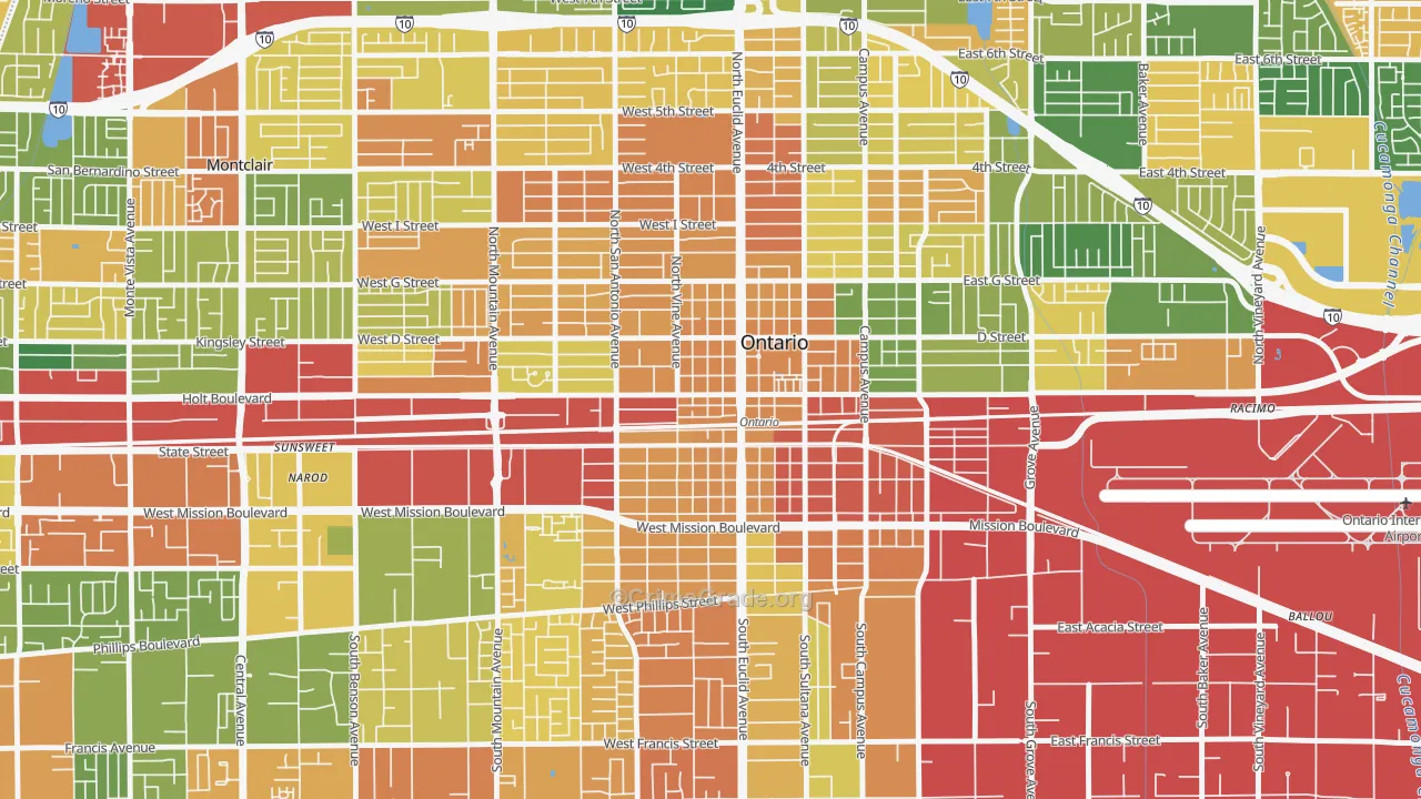 Downtown Ontario, Ontario, CA Map of Burglary Rates