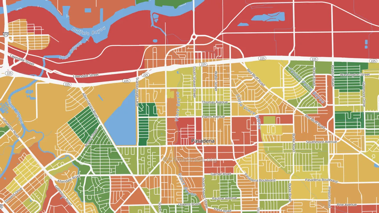 Downtown Pasadena, Pasadena, TX Map of Burglary Rates