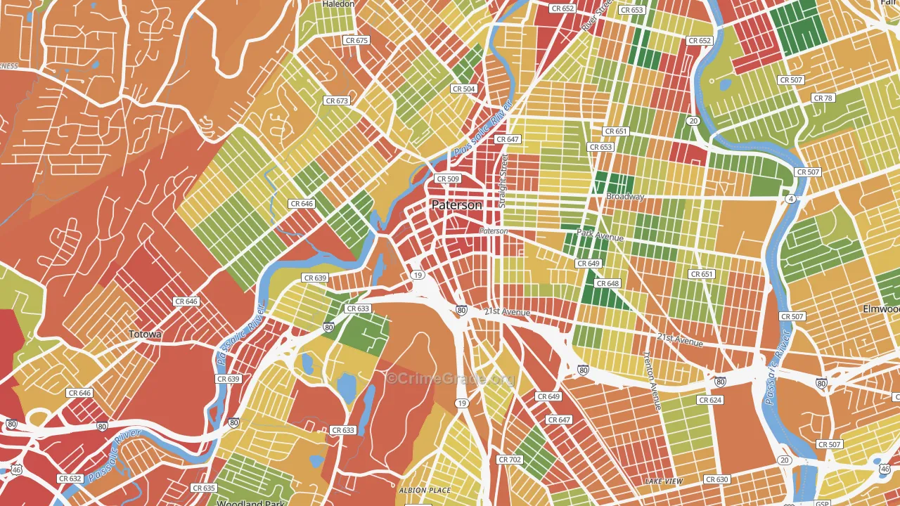 Downtown Paterson, Paterson, NJ Map of Burglary Rates