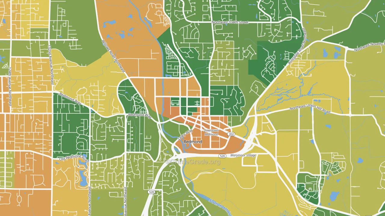 Downtown Redmond, Redmond, WA Map of Burglary Rates