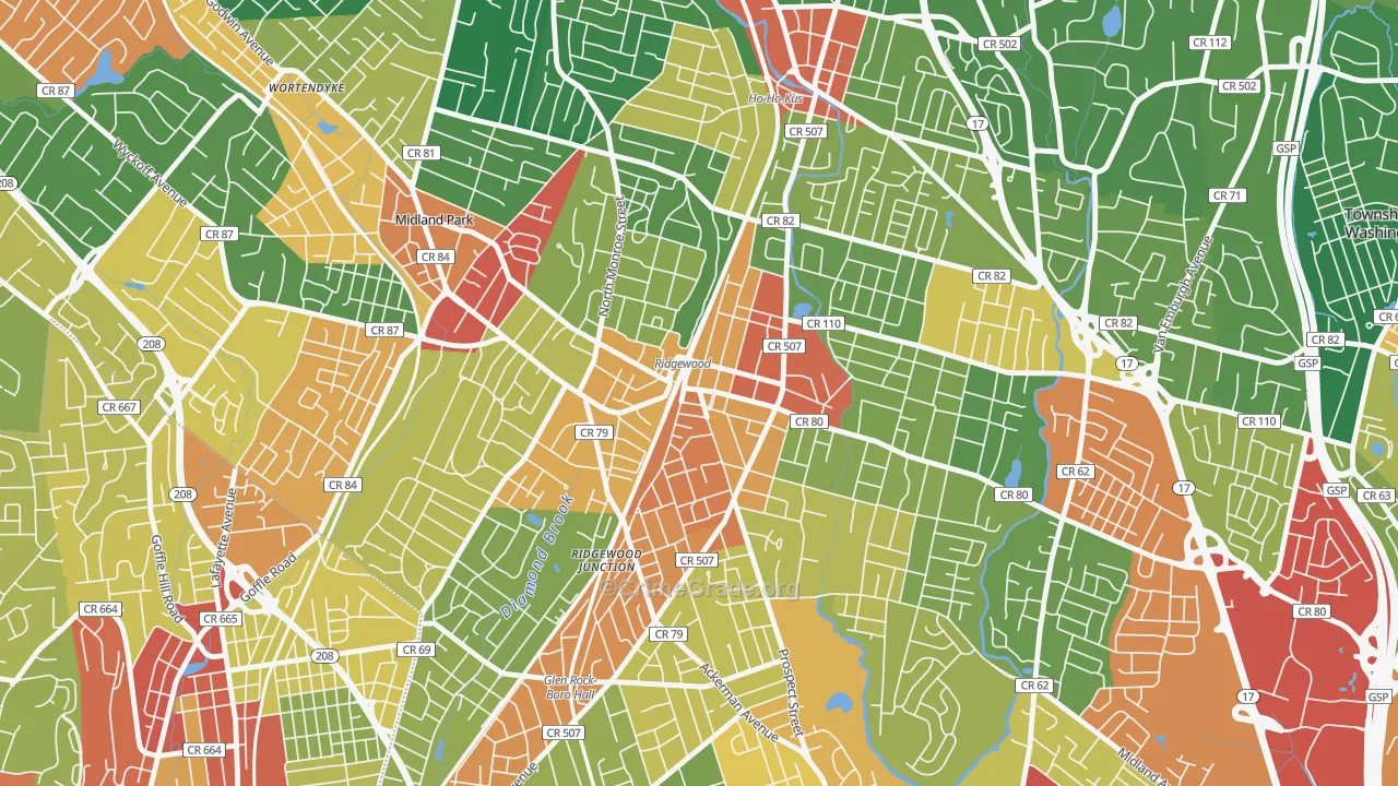 Downtown Ridgewood, Ridgewood, NJ Map of Burglary Rates