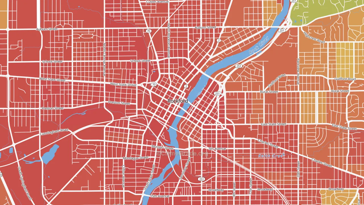 Downtown Rockford, Rockford, IL Map of Burglary Rates