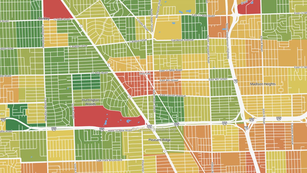 Downtown Royal Oak, Royal Oak, MI Map of Burglary Rates
