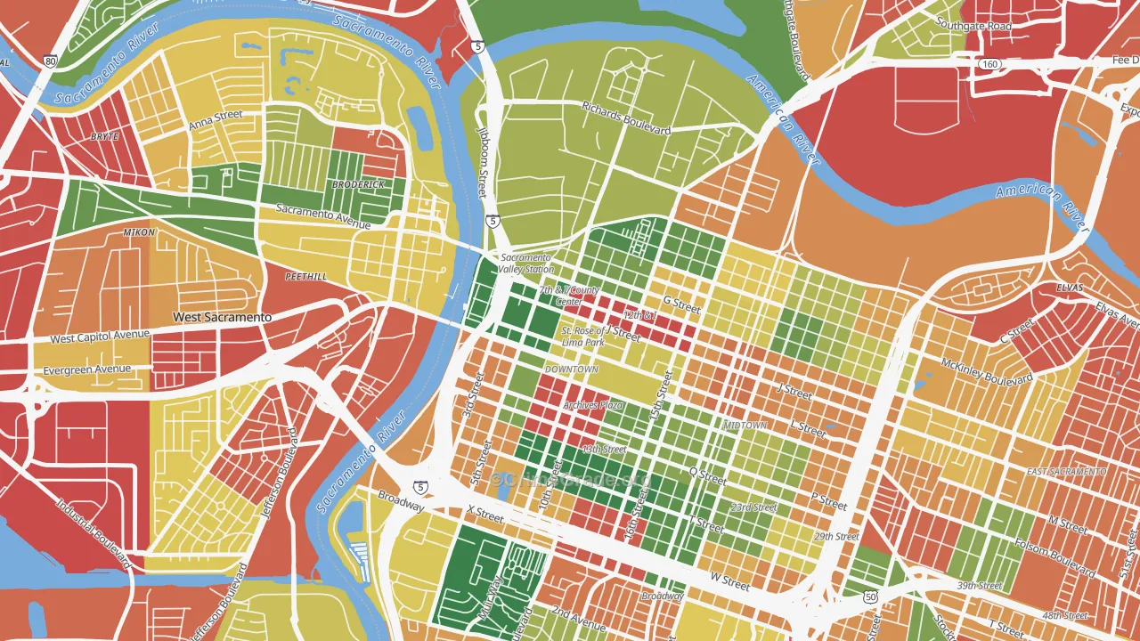 Downtown Sacramento, Sacramento, CA Map of Burglary Rates