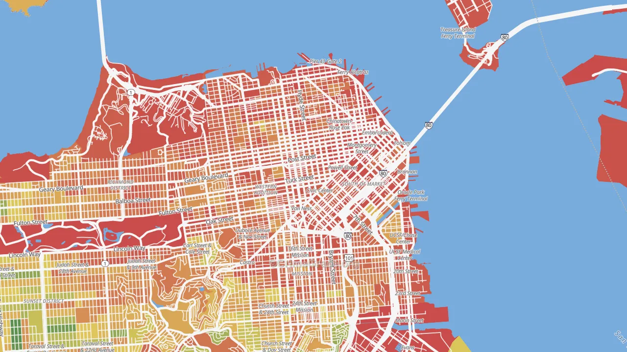Downtown San Francisco, San Francisco, CA Map of Burglary Rates