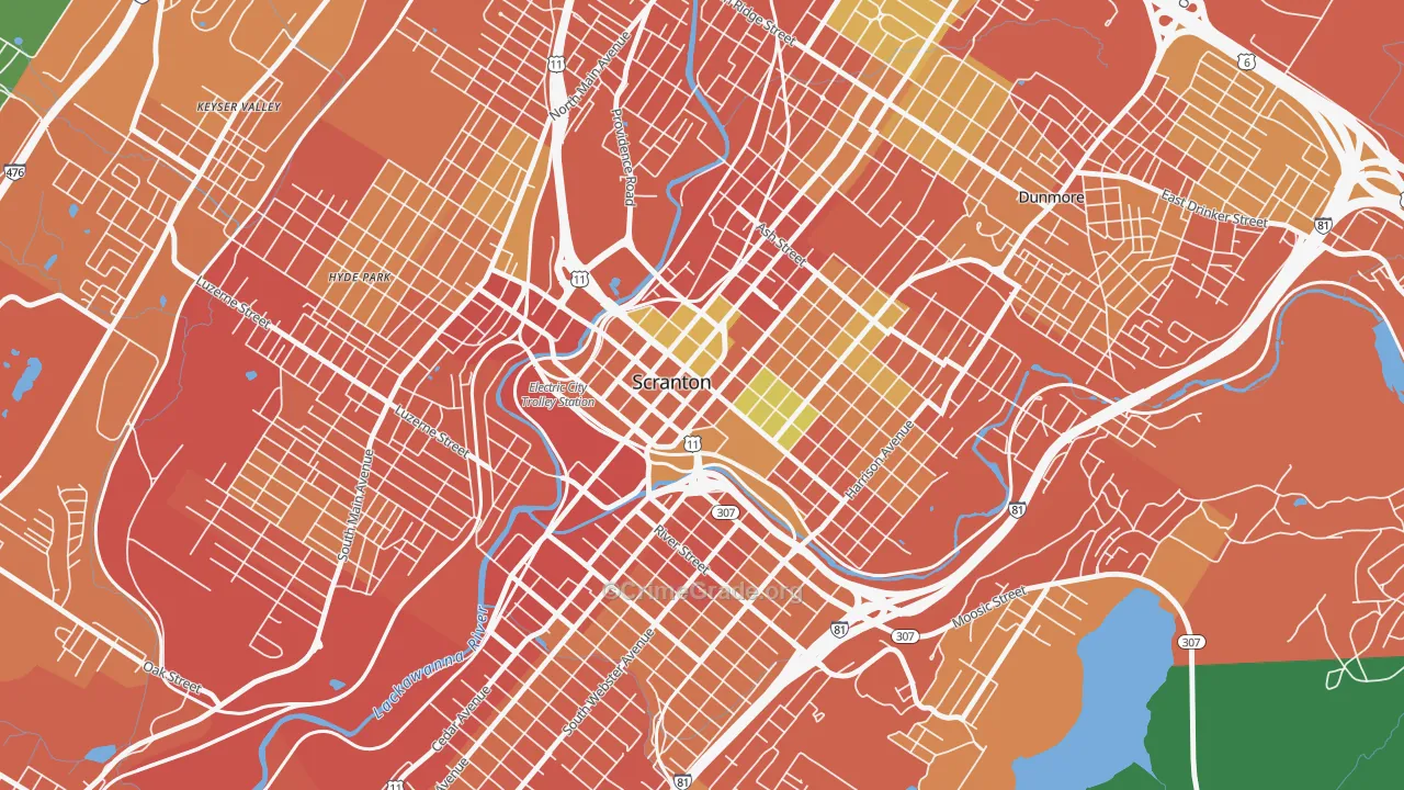 Downtown, Scranton, PA Map of Burglary Rates