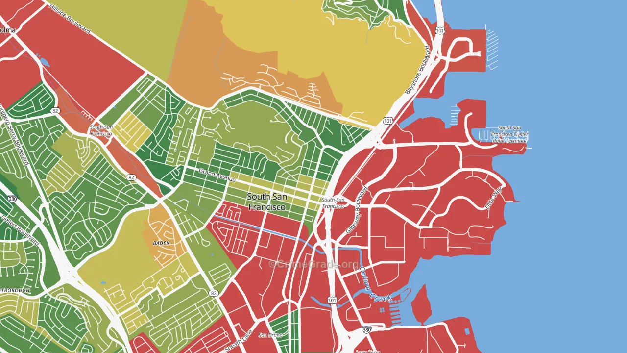 Downtown South San Francisco, South San Francisco, CA Map of Burglary Rates