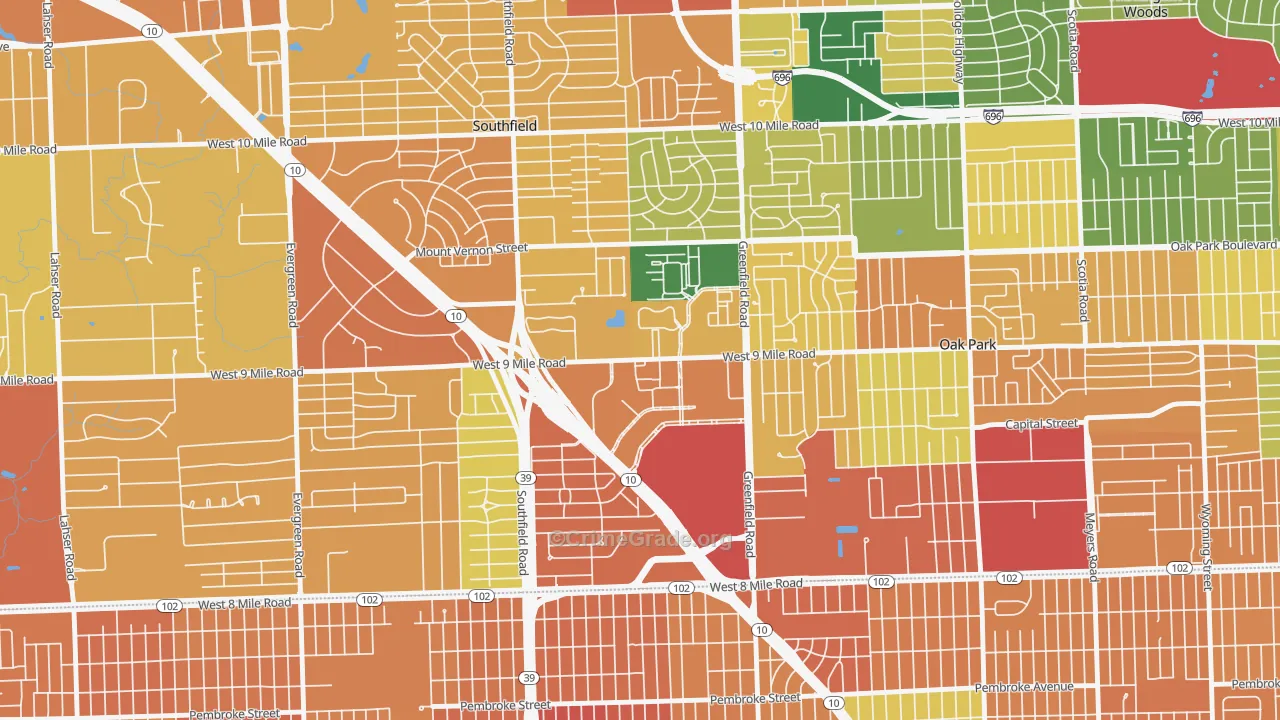 Downtown Southfield, Southfield, MI Map of Burglary Rates
