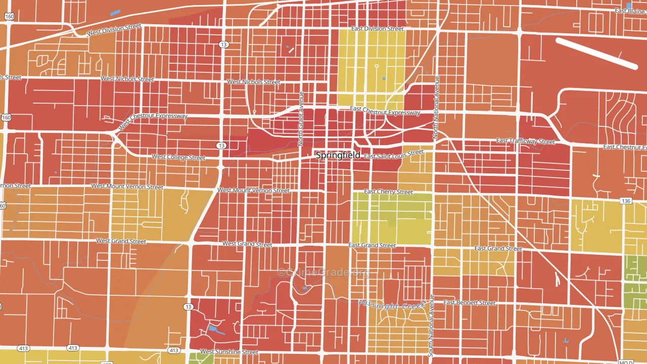 Downtown Springfield, Springfield, MO Map of Burglary Rates