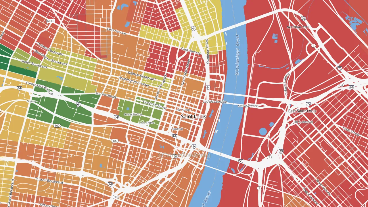 Downtown, St. Louis, MO Map of Burglary Rates