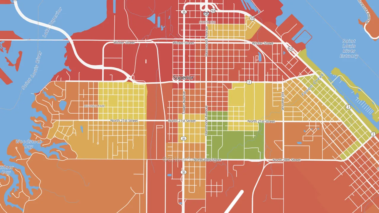 Downtown, Superior, WI Map of Burglary Rates