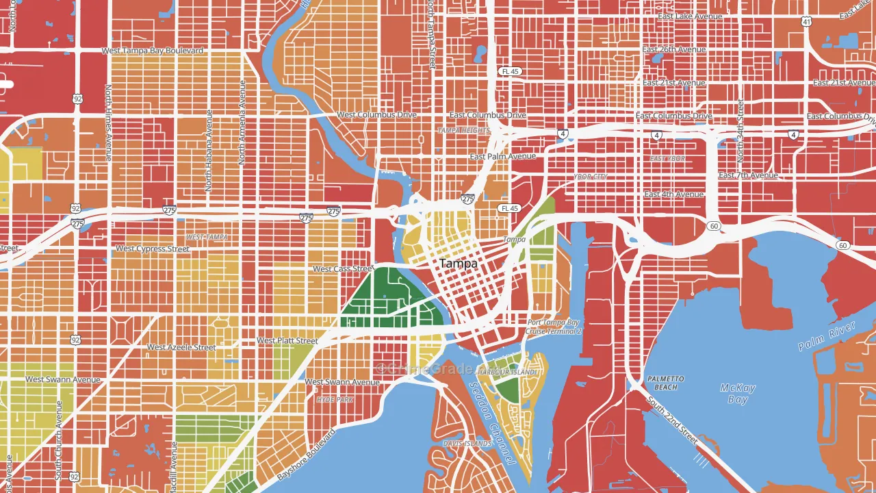Downtown Tampa, Tampa, FL Map of Burglary Rates