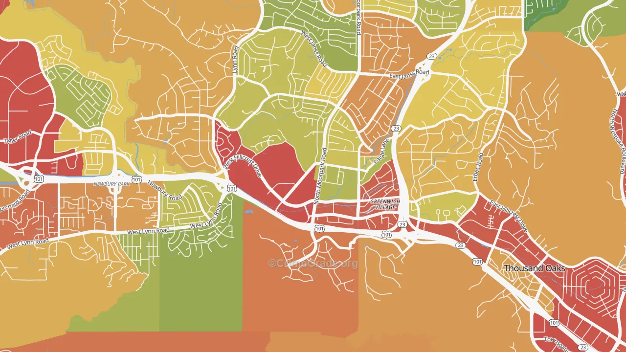 Downtown Thousand Oaks, Thousand Oaks, CA Map of Burglary Rates