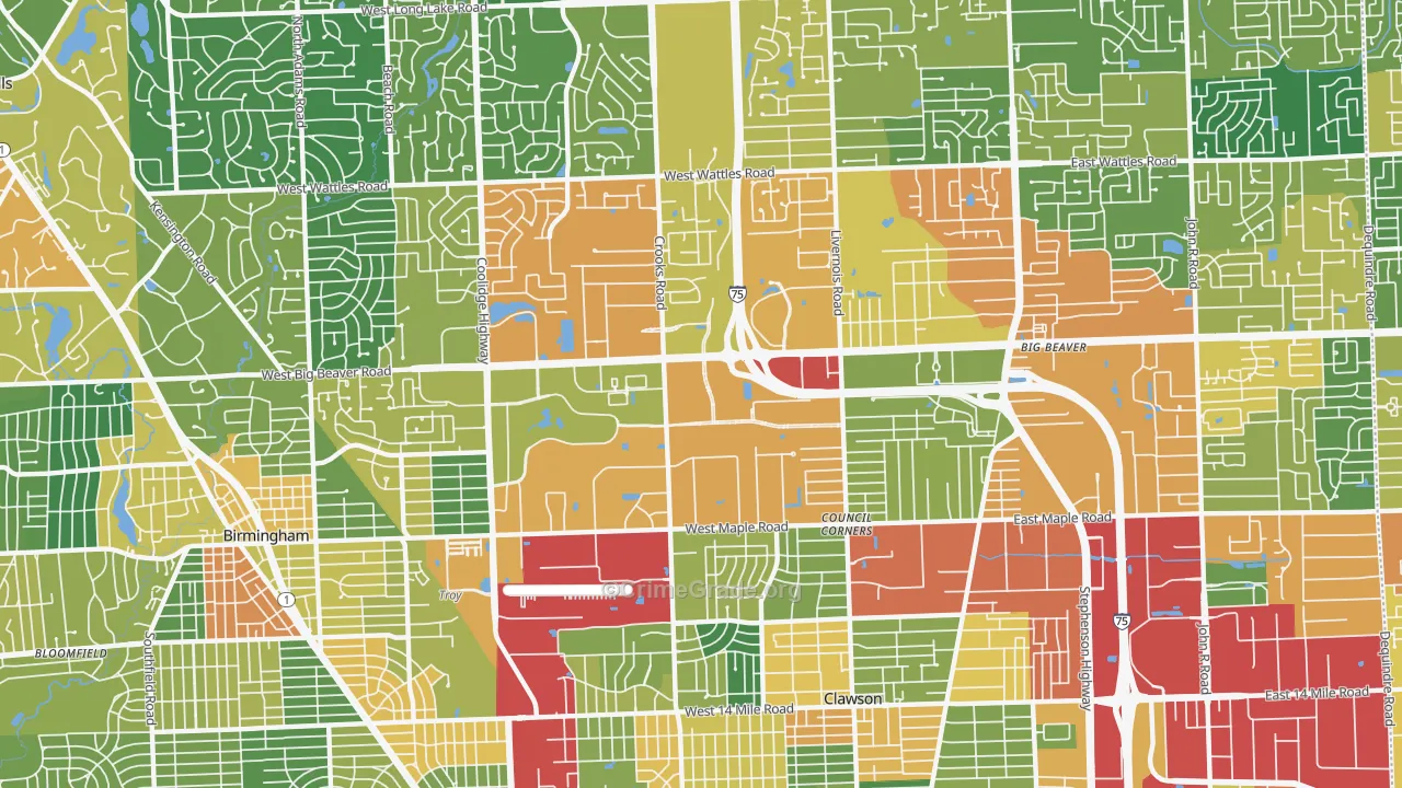 Downtown Troy, Troy, MI Map of Burglary Rates