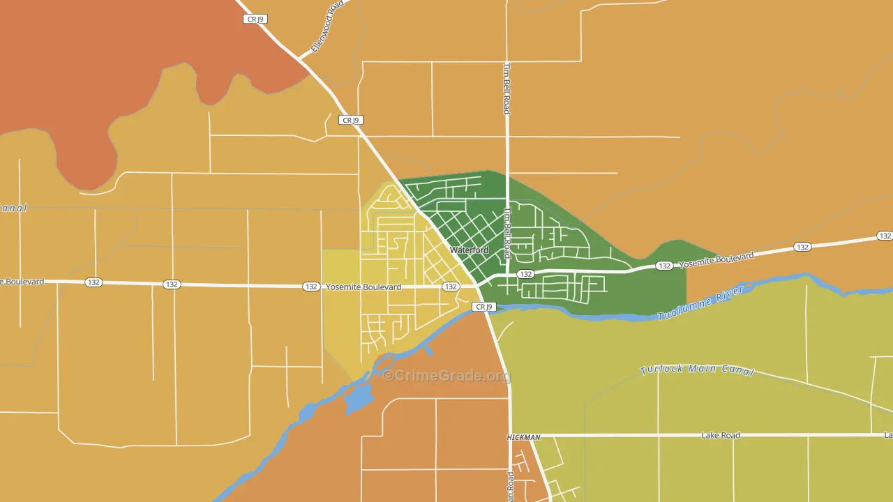 Downtown Waterford, Waterford, CA Map of Burglary Rates