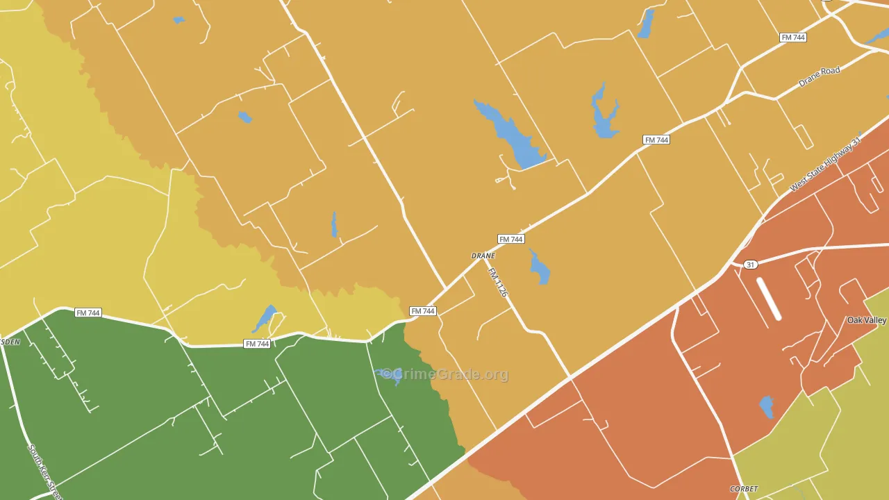 Drane, TX Map of Burglary Rates