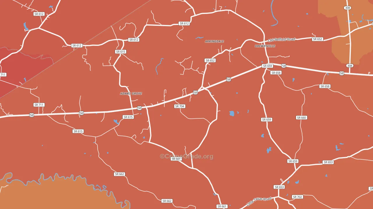 Drewryville, VA Map of Burglary Rates