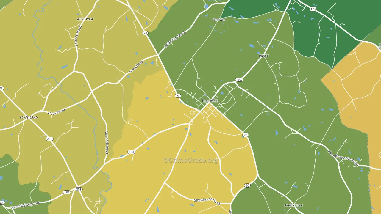 Due West, SC Map of Burglary Rates