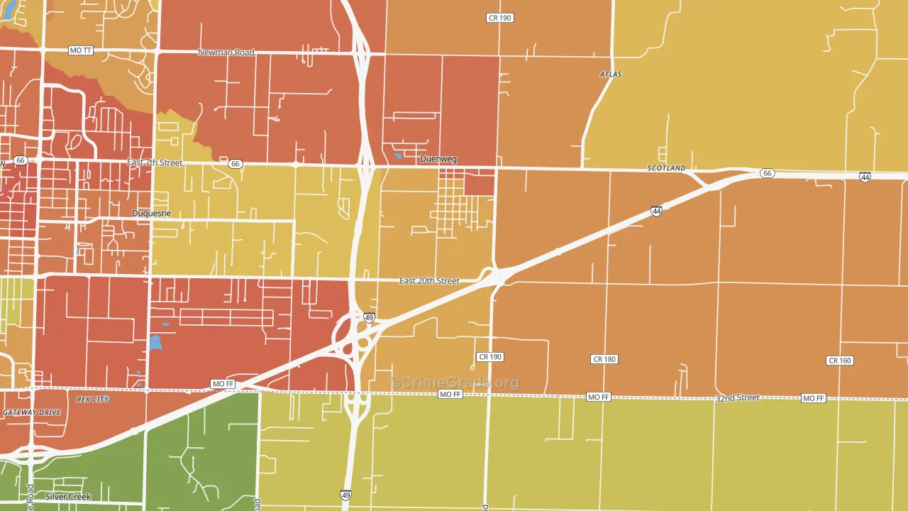 Duenweg, MO Map of Burglary Rates