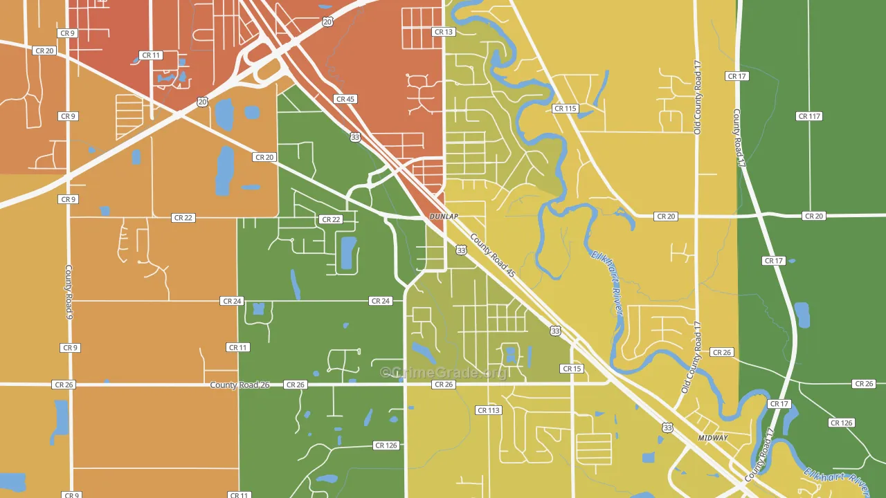 Dunlap, IN Map of Burglary Rates
