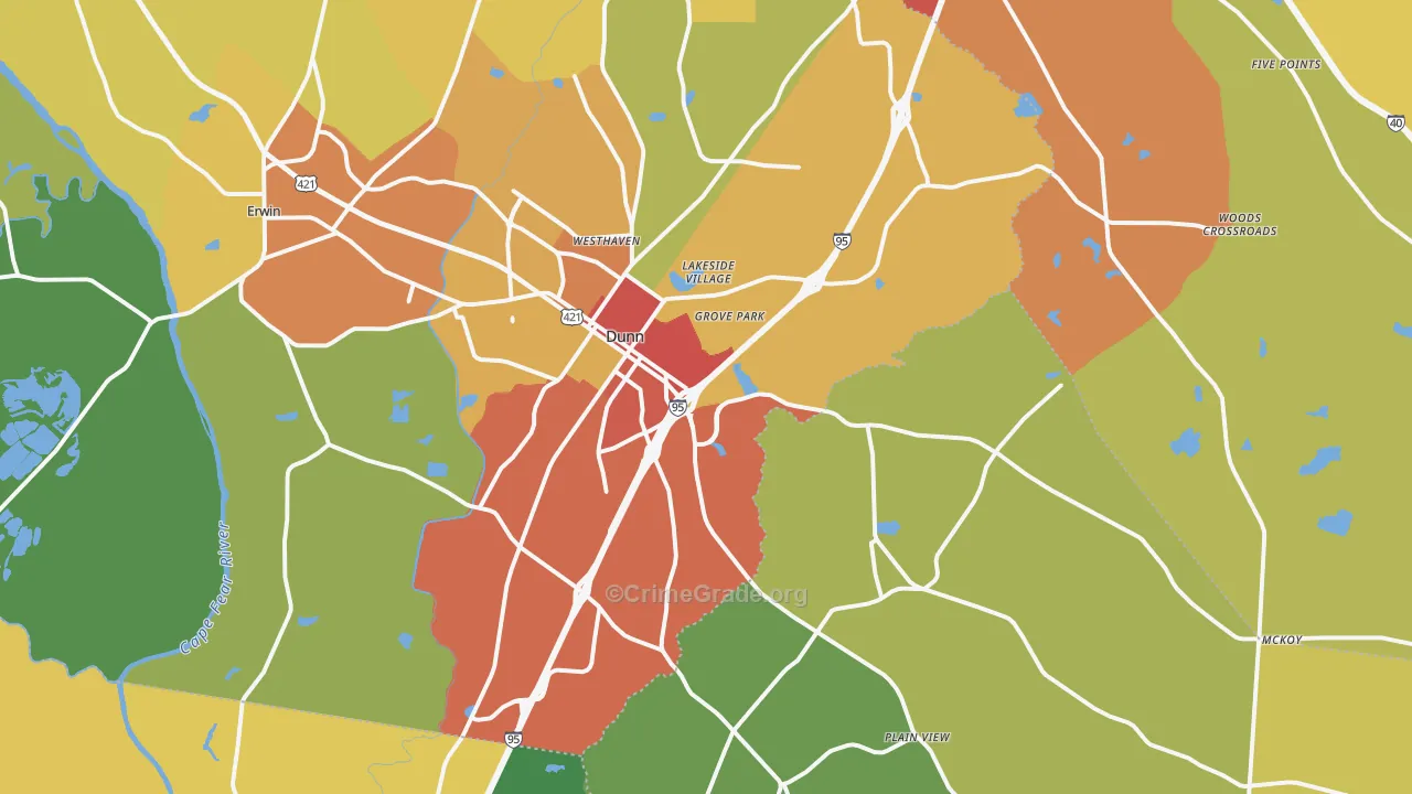 Dunn, NC Map of Burglary Rates