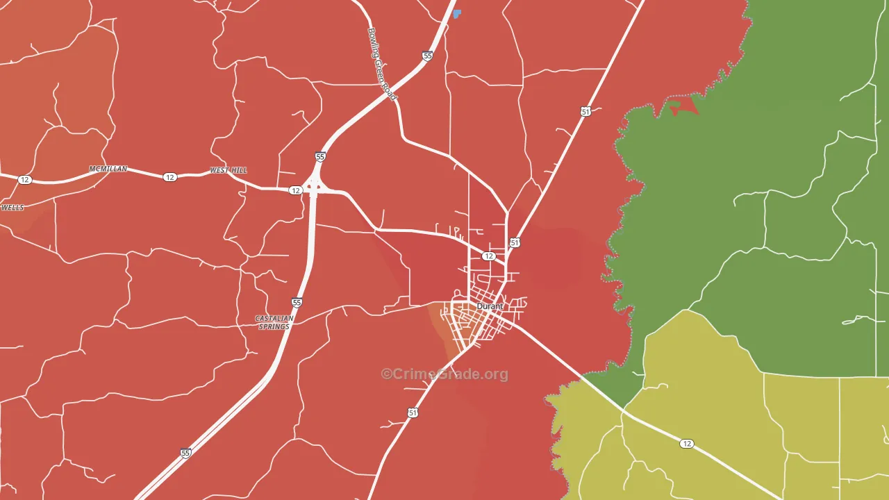 Durant, MS Map of Burglary Rates