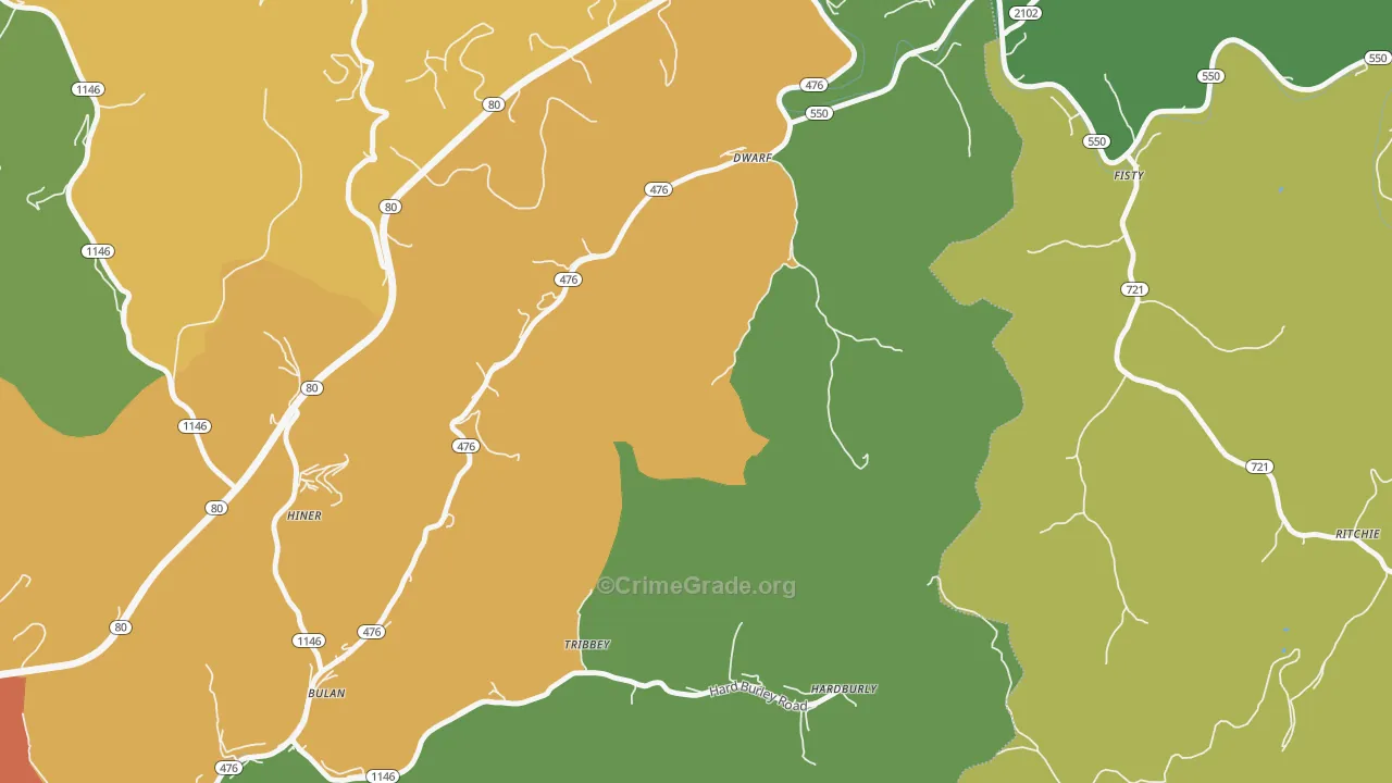 Dwarf, KY Map of Burglary Rates