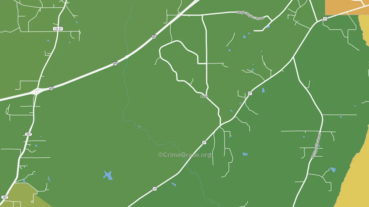 Dyas, AL Map of Burglary Rates