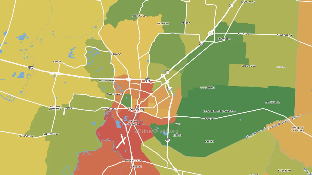 Dyer County, TN Map of Burglary Rates