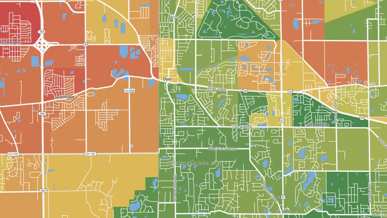 Dyer, IN Map of Burglary Rates