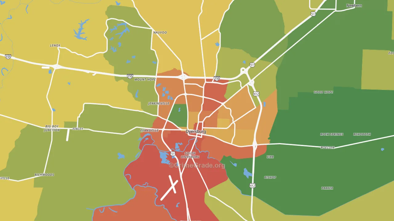 Dyersburg, TN Map of Burglary Rates