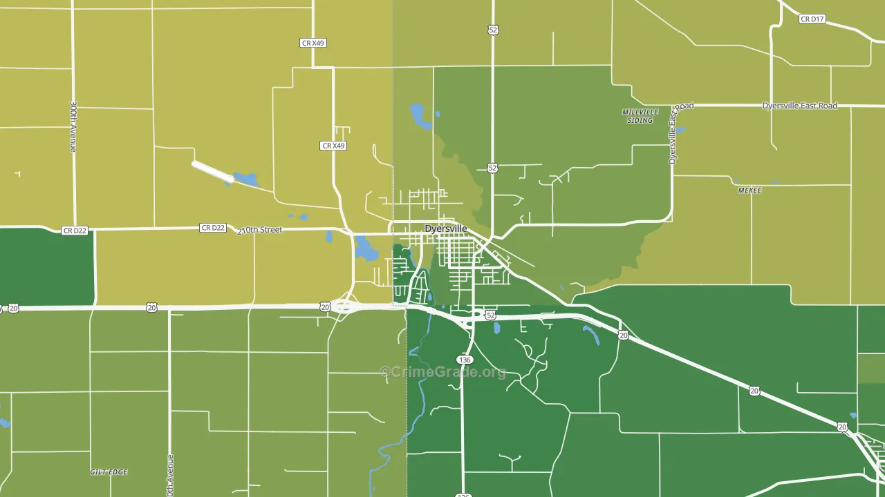 Dyersville, IA Map of Burglary Rates