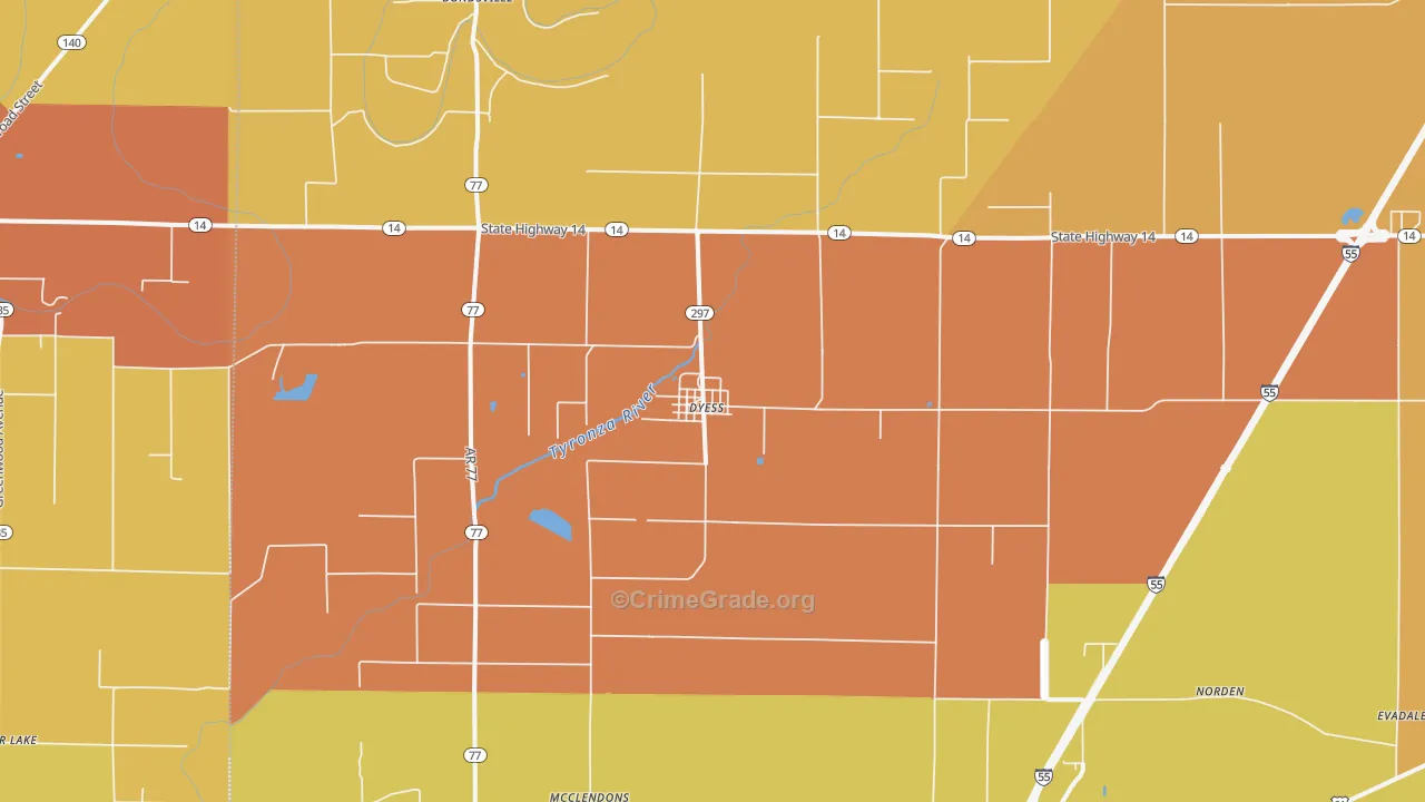 Dyess, AR Map of Burglary Rates