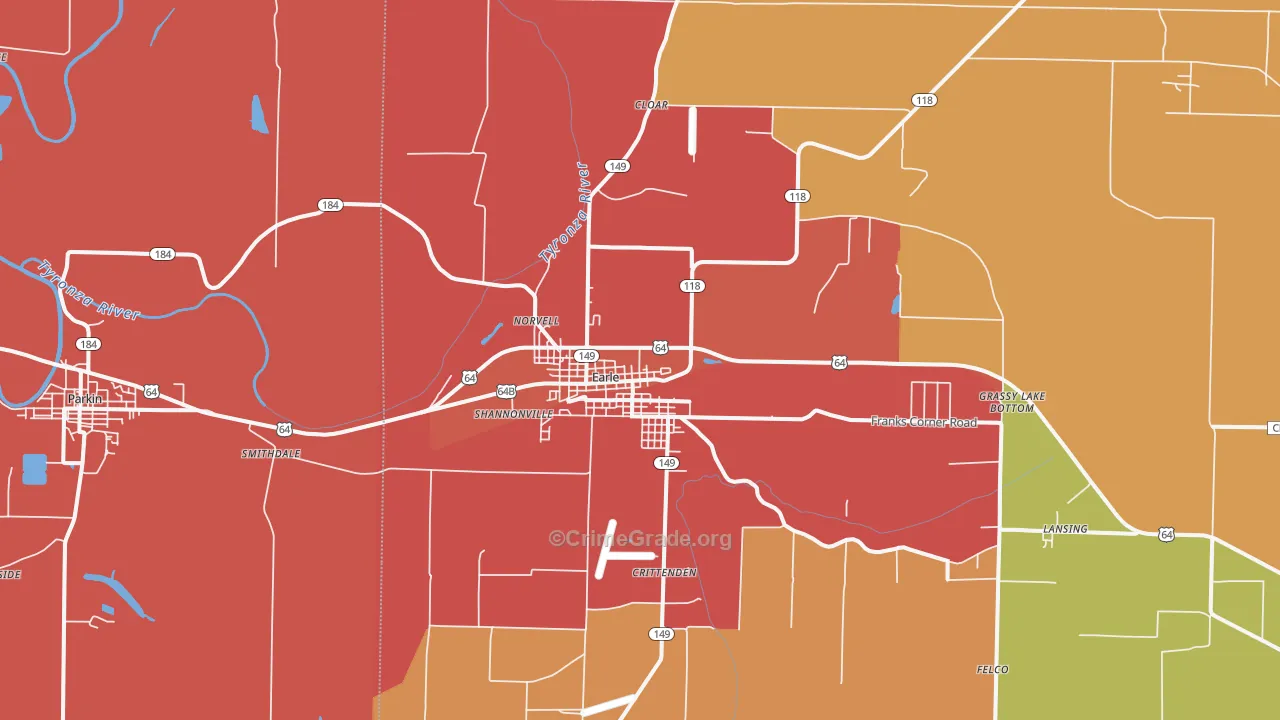 Earle, AR Map of Burglary Rates