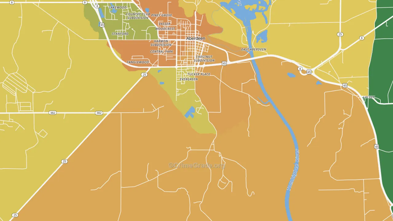 East Aberdeen, MS Map of Burglary Rates
