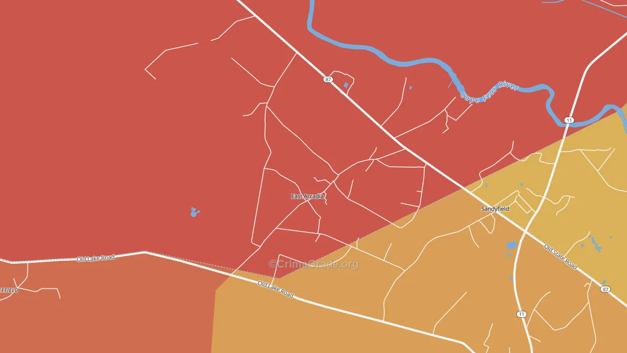 East Arcadia, NC Map of Burglary Rates