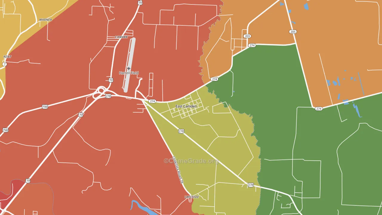 East Camden, AR Map of Burglary Rates