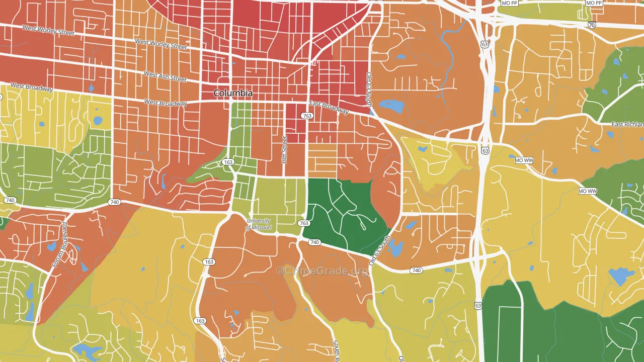 East Campus, Columbia, MO Map of Burglary Rates