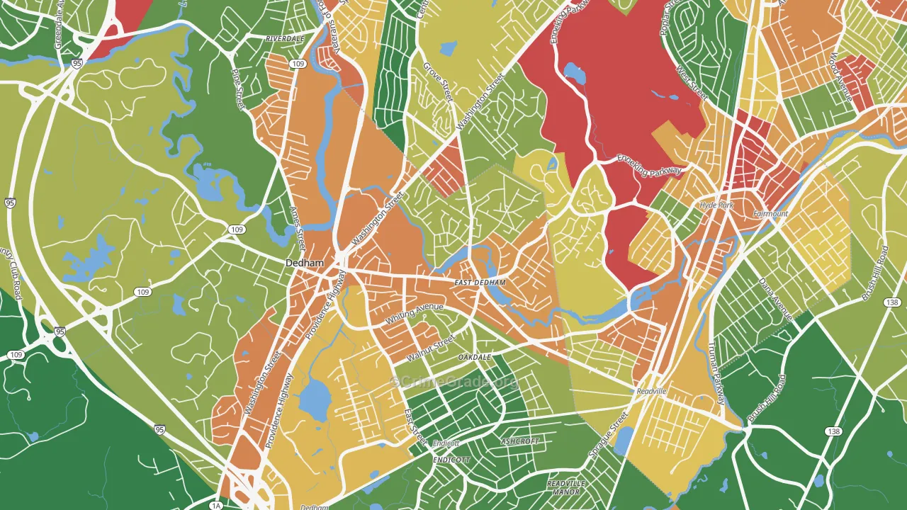 East Dedham, Dedham, MA Map of Burglary Rates