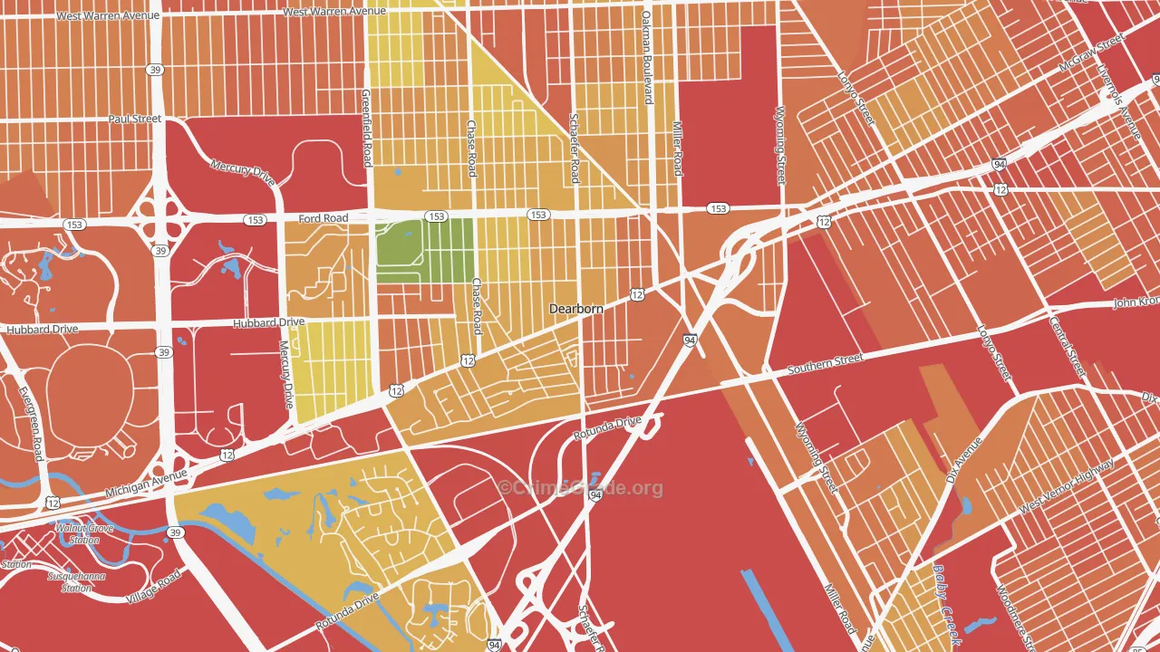 East Downtown Dearborn, Dearborn, MI Map of Burglary Rates