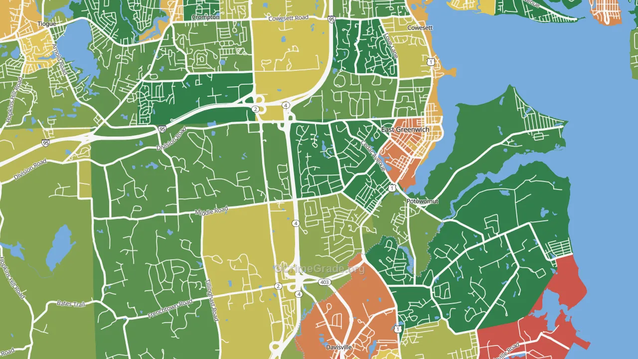 East Greenwich, RI Map of Burglary Rates