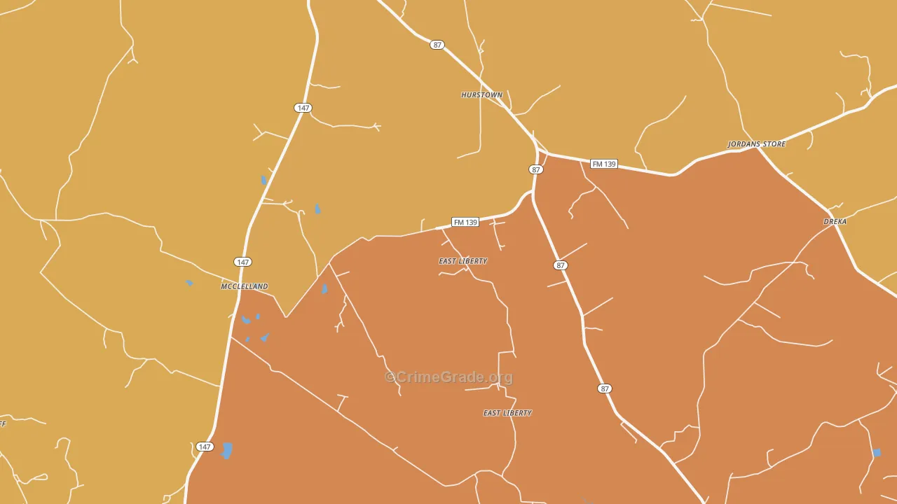 East Liberty, TX Map of Burglary Rates